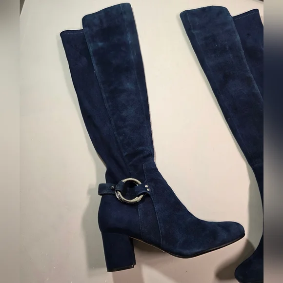 Karl Lagerfeld Navy Suede  Stretch Knee Boots 7.5M Block Heel - Picture 3 of 15